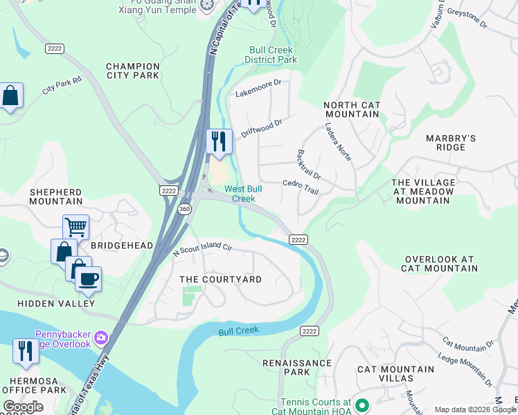 map of restaurants, bars, coffee shops, grocery stores, and more near 1393 Ranch to Market Road 2222 in Austin