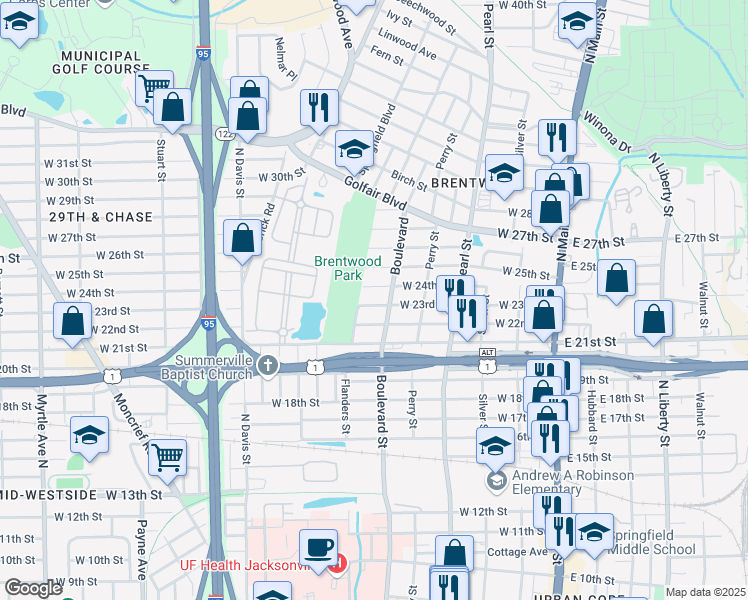 map of restaurants, bars, coffee shops, grocery stores, and more near 527 West 23rd Street in Jacksonville