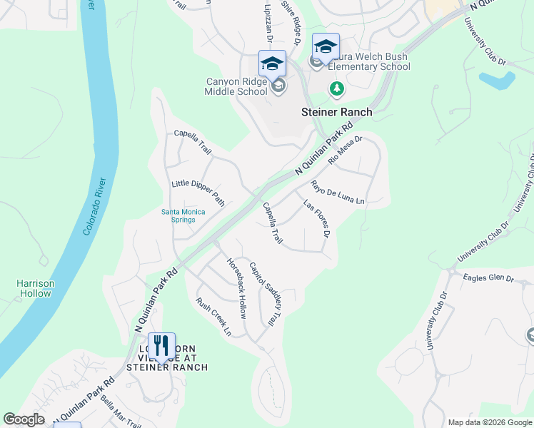 map of restaurants, bars, coffee shops, grocery stores, and more near 12409 Capella Trail in Austin