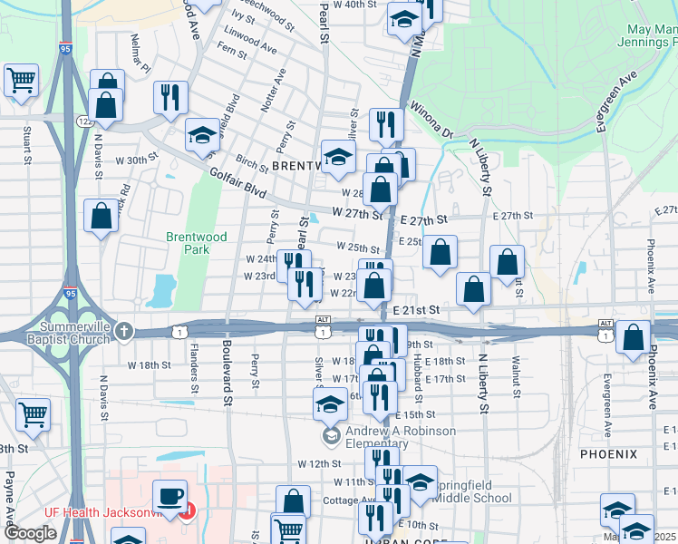 map of restaurants, bars, coffee shops, grocery stores, and more near 123 West 23rd Street in Jacksonville