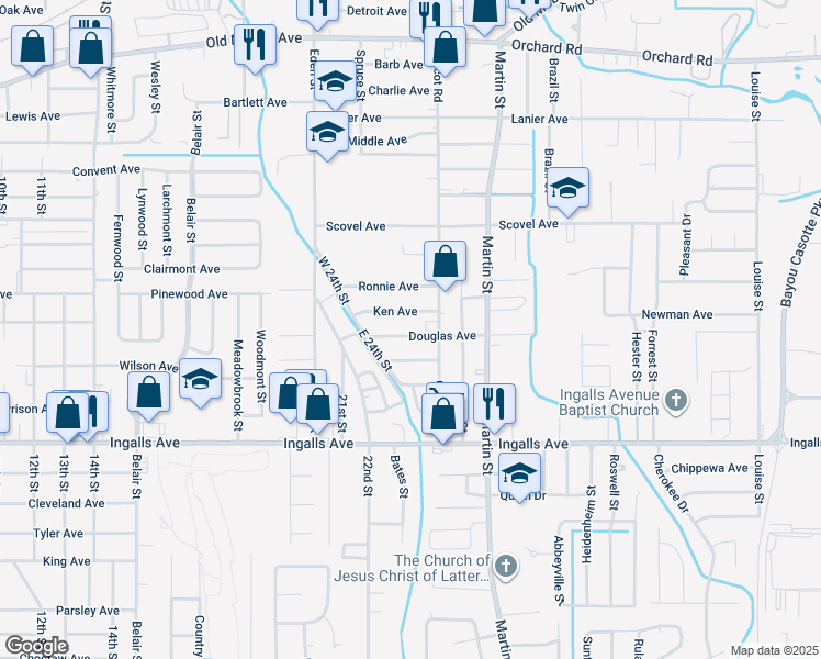 map of restaurants, bars, coffee shops, grocery stores, and more near 3417 Douglas Avenue in Pascagoula
