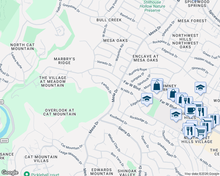 map of restaurants, bars, coffee shops, grocery stores, and more near 4104 Farhills Drive in Austin