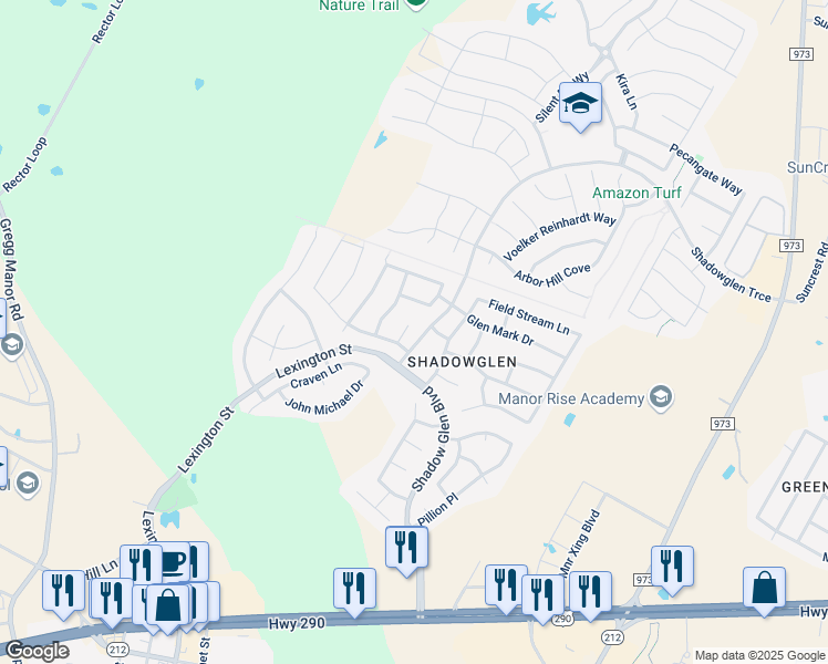 map of restaurants, bars, coffee shops, grocery stores, and more near 11517 Knapple Cove in Manor