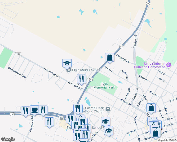 map of restaurants, bars, coffee shops, grocery stores, and more near 221 Loesch Drive in Elgin