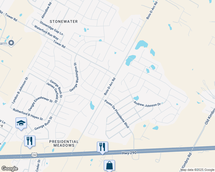 map of restaurants, bars, coffee shops, grocery stores, and more near 13706 1/2 Bois-D-Arc Road in Manor