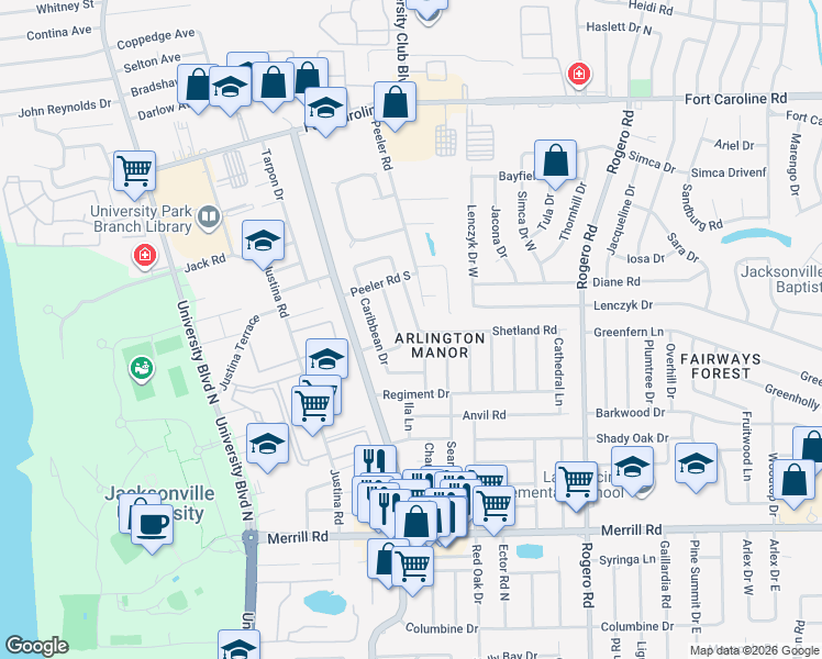 map of restaurants, bars, coffee shops, grocery stores, and more near 3212 El Morro Drive East in Jacksonville