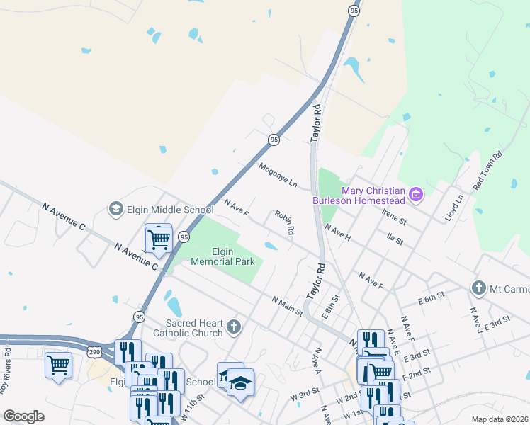 map of restaurants, bars, coffee shops, grocery stores, and more near 1118 Robin Road in Elgin