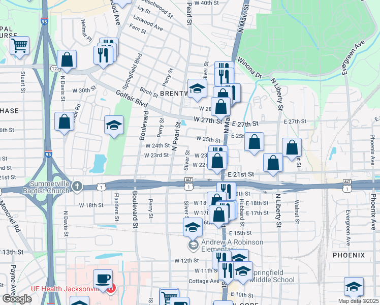 map of restaurants, bars, coffee shops, grocery stores, and more near 3307 Silver Street in Jacksonville