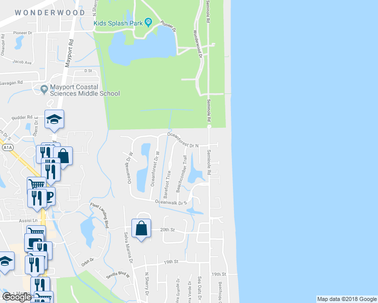 map of restaurants, bars, coffee shops, grocery stores, and more near 2343 Beachcomber Trail in Atlantic Beach