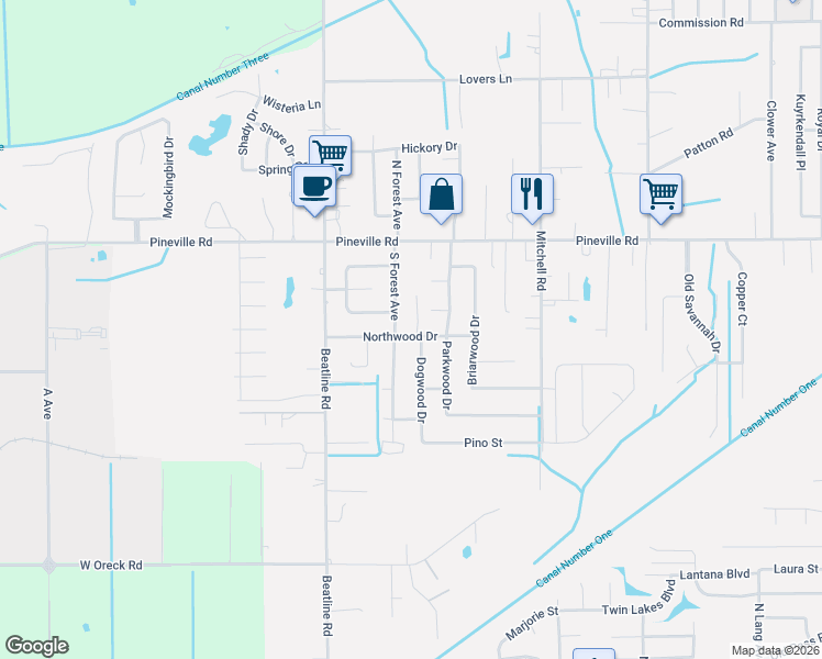 map of restaurants, bars, coffee shops, grocery stores, and more near 101 Northwood Drive in Long Beach