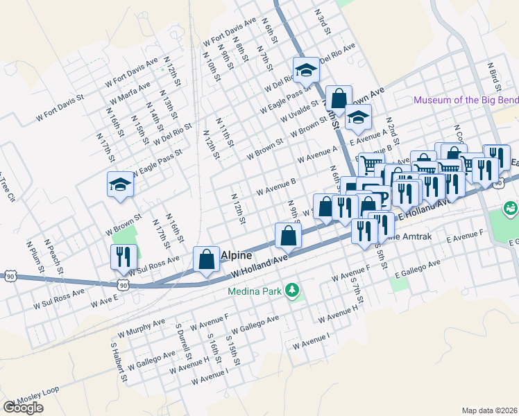 map of restaurants, bars, coffee shops, grocery stores, and more near 609 West Lockhart Avenue in Alpine