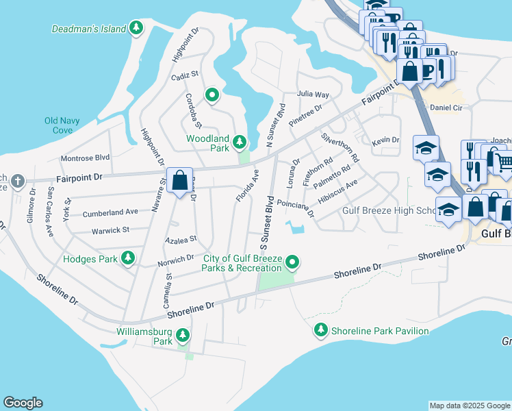 map of restaurants, bars, coffee shops, grocery stores, and more near 206 Dolphin Street in Gulf Breeze