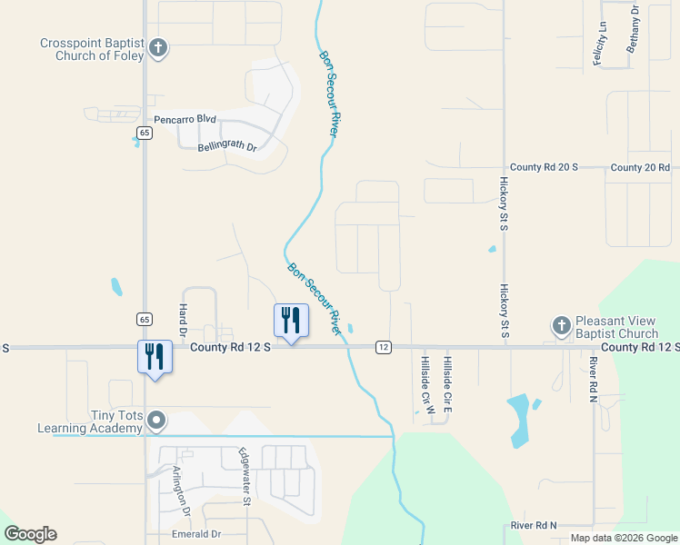 map of restaurants, bars, coffee shops, grocery stores, and more near 1275 Madera Circle in Foley