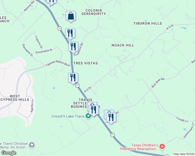 map of restaurants, bars, coffee shops, grocery stores, and more near 4800 R O Drive in Spicewood