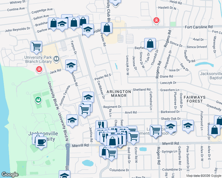 map of restaurants, bars, coffee shops, grocery stores, and more near 3212 El Morro Drive East in Jacksonville