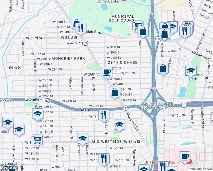 map of restaurants, bars, coffee shops, grocery stores, and more near 1322 West 24th Street in Jacksonville