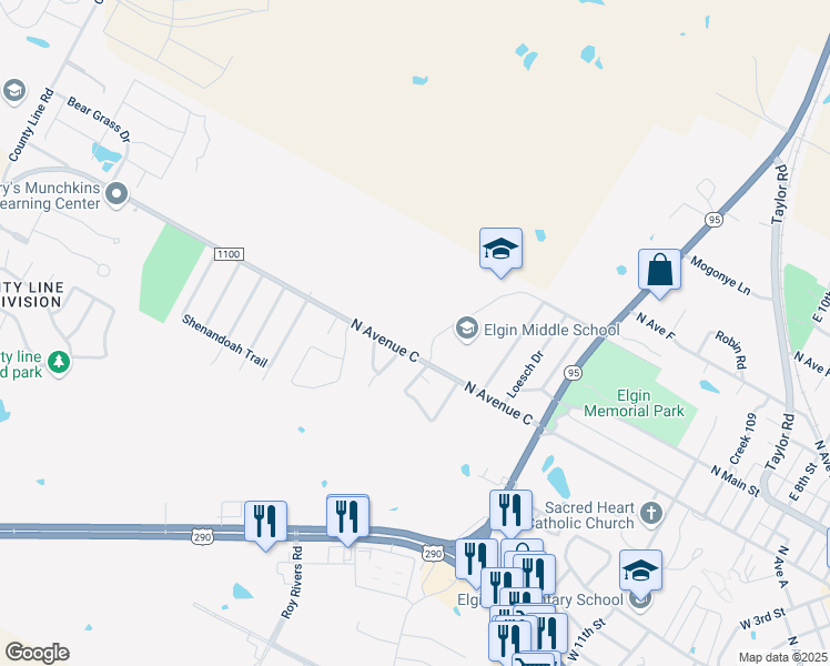 map of restaurants, bars, coffee shops, grocery stores, and more near 1373 North Avenue C in Elgin