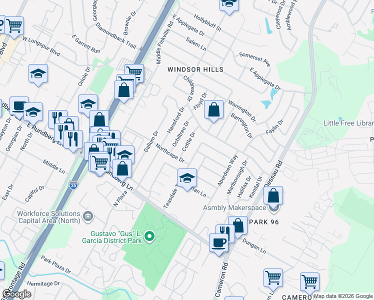 map of restaurants, bars, coffee shops, grocery stores, and more near 9702 Cottle Drive in Austin