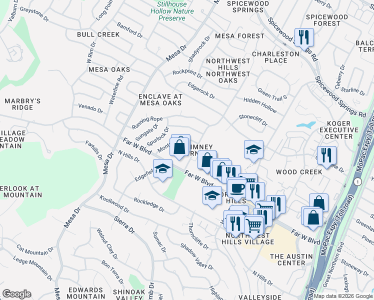 map of restaurants, bars, coffee shops, grocery stores, and more near 7164 Chimney Corners in Austin