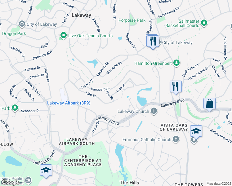 map of restaurants, bars, coffee shops, grocery stores, and more near 104 Kite Street in Lakeway