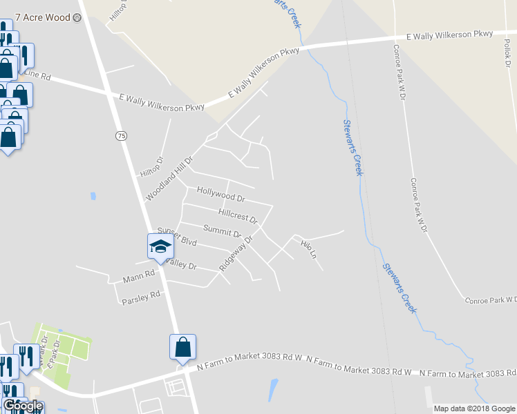 map of restaurants, bars, coffee shops, grocery stores, and more near 305 Hollywood Drive in Conroe