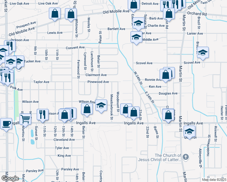 map of restaurants, bars, coffee shops, grocery stores, and more near 2308 Meadowbrook Street in Pascagoula
