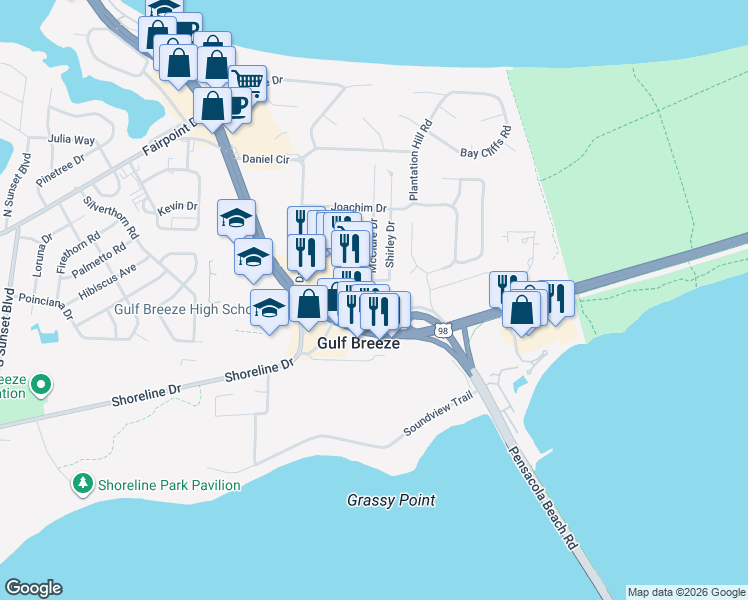 map of restaurants, bars, coffee shops, grocery stores, and more near 107a McClure Drive in Gulf Breeze