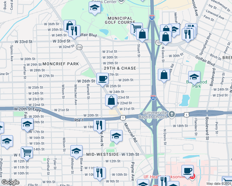 map of restaurants, bars, coffee shops, grocery stores, and more near 1216 West 24th Street in Jacksonville