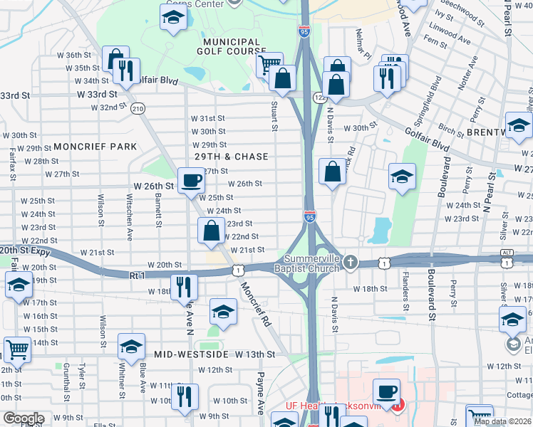 map of restaurants, bars, coffee shops, grocery stores, and more near 1104 West 24th Street in Jacksonville