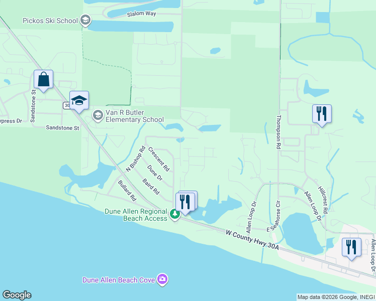 map of restaurants, bars, coffee shops, grocery stores, and more near 302 Hilltop Drive in Santa Rosa Beach