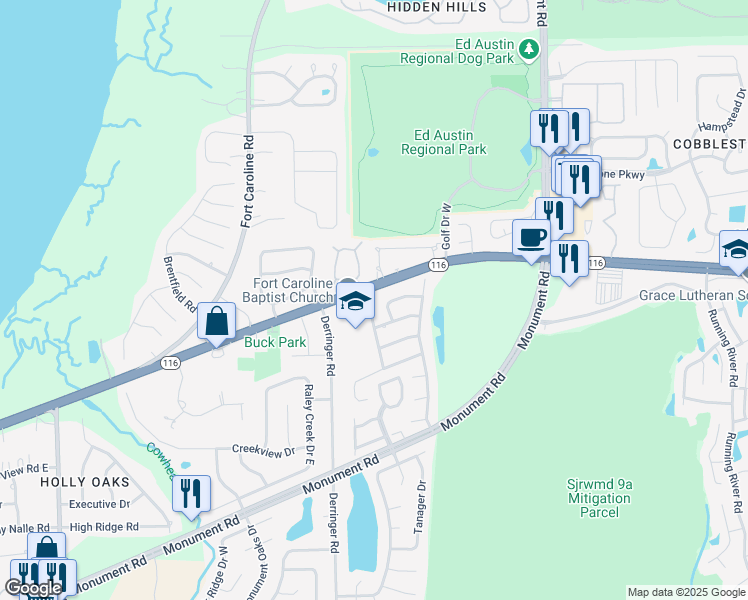 map of restaurants, bars, coffee shops, grocery stores, and more near 2095 Broad Oak Drive in Jacksonville