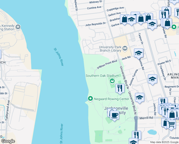 map of restaurants, bars, coffee shops, grocery stores, and more near 5355 Dolphin Point Boulevard in Jacksonville