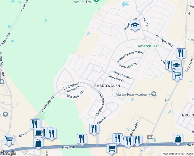 map of restaurants, bars, coffee shops, grocery stores, and more near 11517 Knapple Cove in Manor