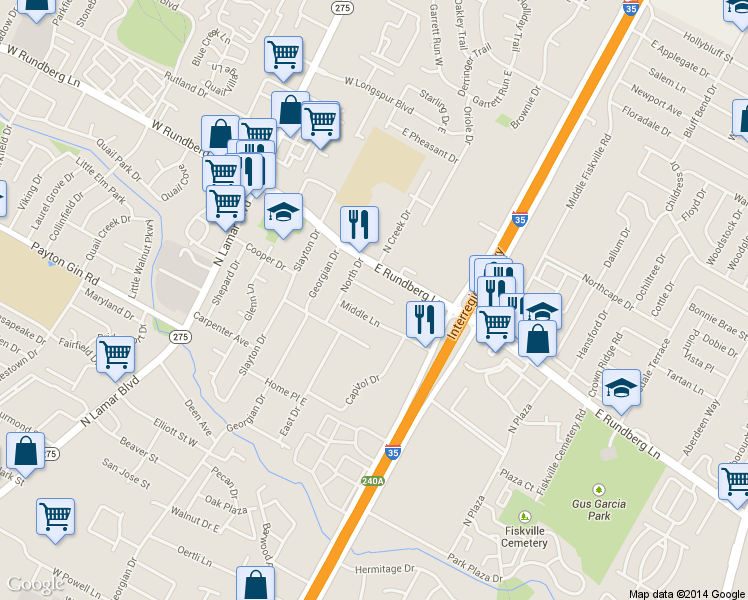map of restaurants, bars, coffee shops, grocery stores, and more near 401 Hackberry Lane in Austin