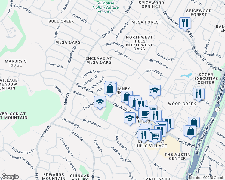 map of restaurants, bars, coffee shops, grocery stores, and more near 7164 Chimney Corners in Austin
