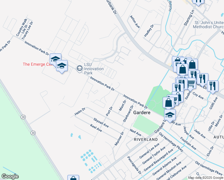 map of restaurants, bars, coffee shops, grocery stores, and more near 8178 Innovation Park Drive in Baton Rouge