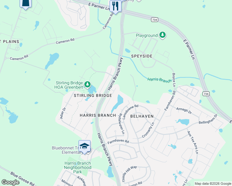 map of restaurants, bars, coffee shops, grocery stores, and more near 11710 Rydalwater Lane in Austin