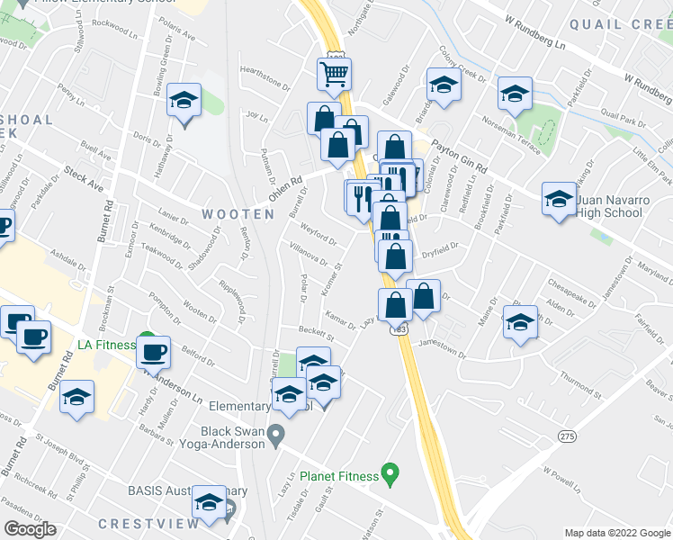 map of restaurants, bars, coffee shops, grocery stores, and more near Kromer Street in Austin