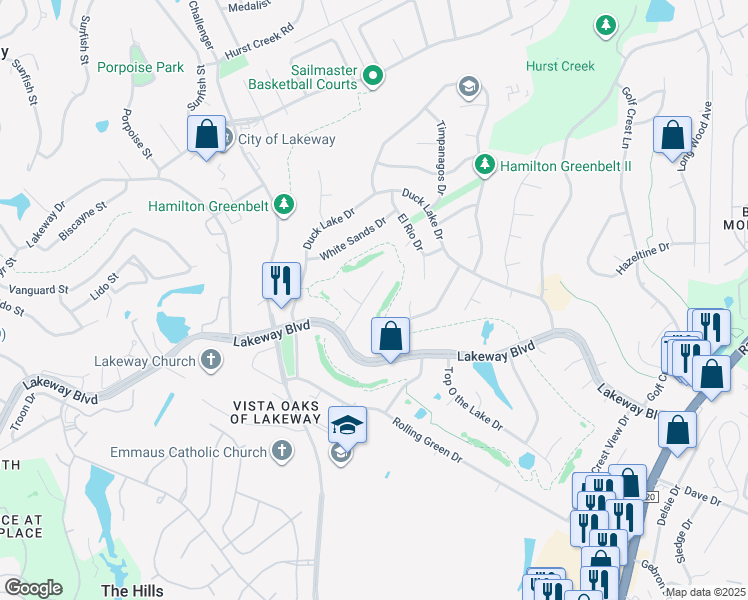 map of restaurants, bars, coffee shops, grocery stores, and more near 111 Royal Oak Cove in Lakeway