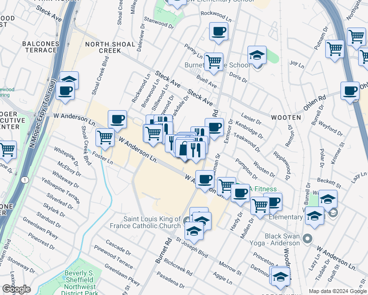map of restaurants, bars, coffee shops, grocery stores, and more near 2425 Ashdale Drive in Austin