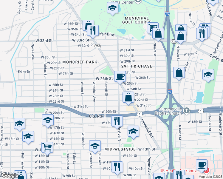 map of restaurants, bars, coffee shops, grocery stores, and more near 1322 West 24th Street in Jacksonville