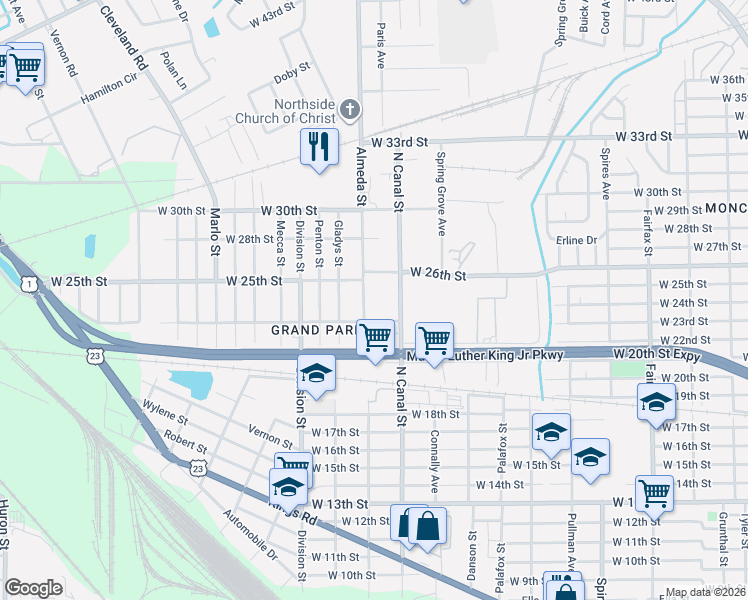 map of restaurants, bars, coffee shops, grocery stores, and more near 3310 Almeda Street in Jacksonville