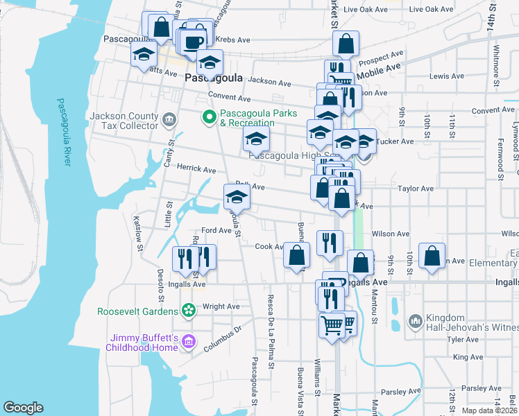 map of restaurants, bars, coffee shops, grocery stores, and more near 1018 Communy Avenue in Pascagoula