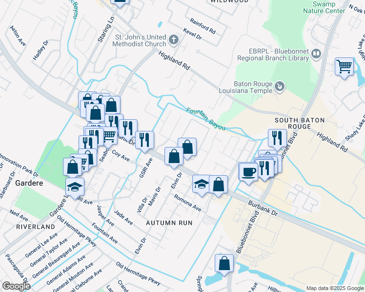 map of restaurants, bars, coffee shops, grocery stores, and more near 809 Summer Breeze Drive in Baton Rouge