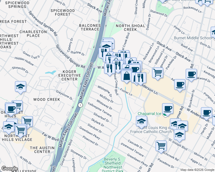 map of restaurants, bars, coffee shops, grocery stores, and more near 3105 Foster Lane in Austin