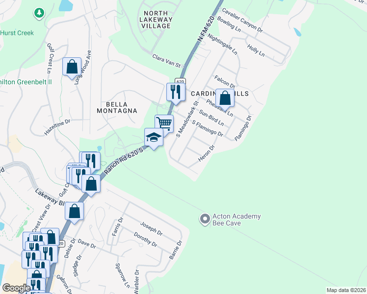 map of restaurants, bars, coffee shops, grocery stores, and more near 15203 Canary Street in Austin