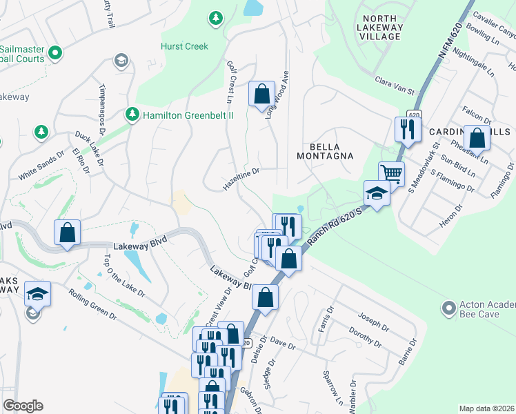 map of restaurants, bars, coffee shops, grocery stores, and more near 308 Golf Crest Lane in Lakeway