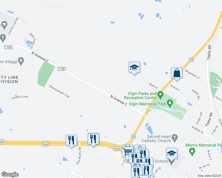 map of restaurants, bars, coffee shops, grocery stores, and more near 1373 North Avenue C in Elgin