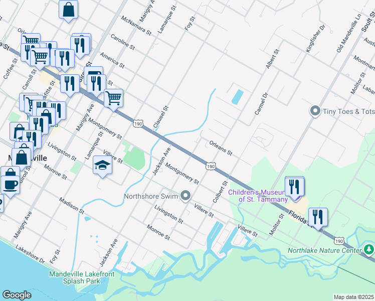 map of restaurants, bars, coffee shops, grocery stores, and more near 1401 Ronald Reagan Highway in Mandeville