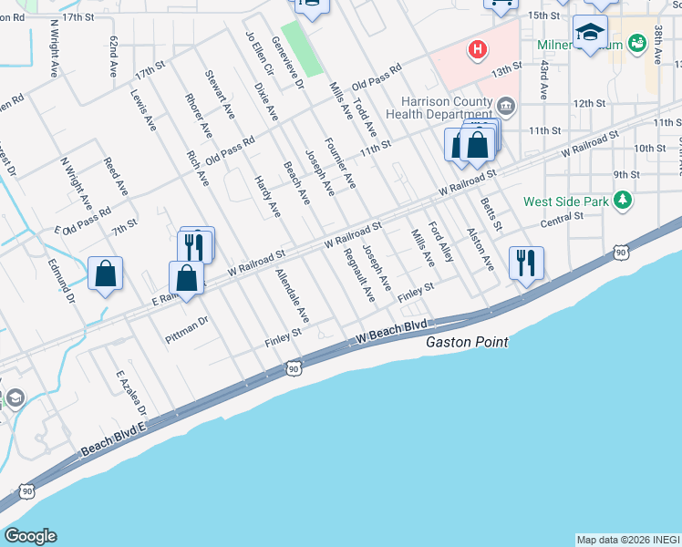 map of restaurants, bars, coffee shops, grocery stores, and more near 728 Ruth Avenue in Gulfport